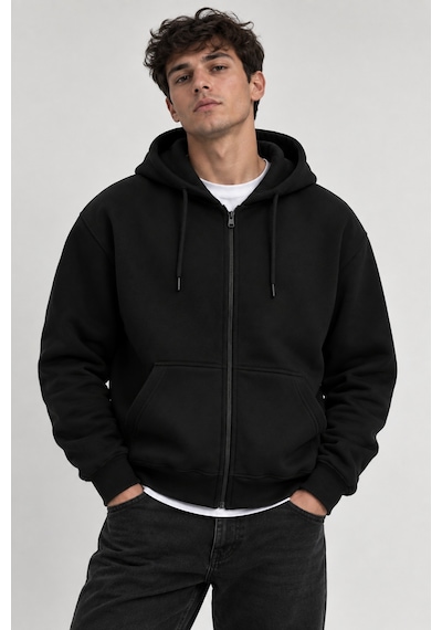 Çlm Store Erkek Slim Fit Örgü 3 İplik Fermuarlı Polar Hırka Siyah Siyah