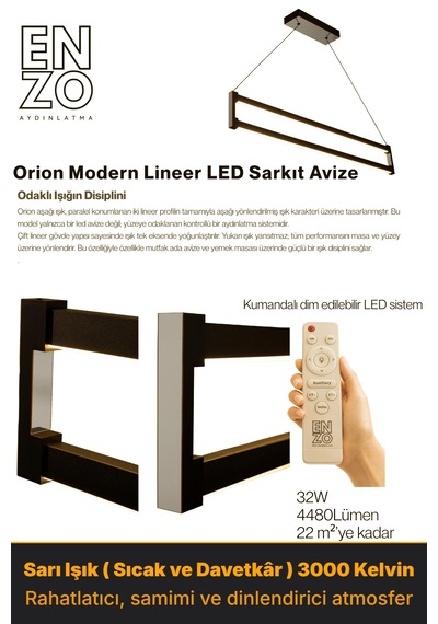 Orion Silver Lineer Led Sarkıt Avize Kumandalı Dim Edilebilir Aşağı Işık Sarı Işık