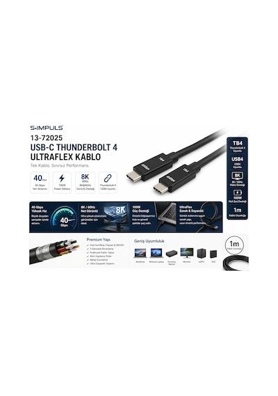 S-ımpuls Usb-c Thunderbolt 4 Ultraflex Kablo 40gbps, 100w Pd, 8k Video, Usb4 Uyumlu 2 Metre