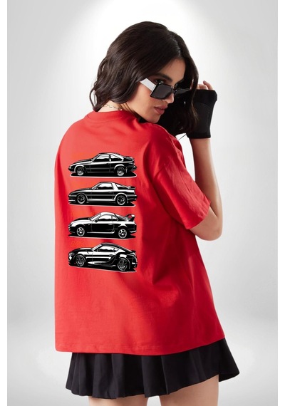 Toyota Supra Mk Serisi Kırmızı Oversize Unisex Ön Ve Sırt Baskılı Tişört Kırmızı