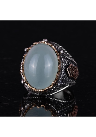 Doğal Cabochon Akuamarin Taş Yüzük, Huzurlu 925k Katı Gümüş Erkek Yüzüğü, Sakin Deniz Tasarımı Gümüş