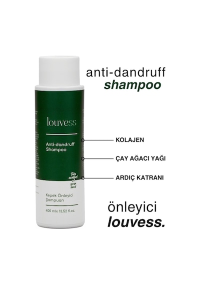 Louvess Kepek Önleyici Şampuan Çay Ağacı ve Ardıç Katranı İle Güçlendirilmiş Kepek Karşıtı Şampuan 400 ML