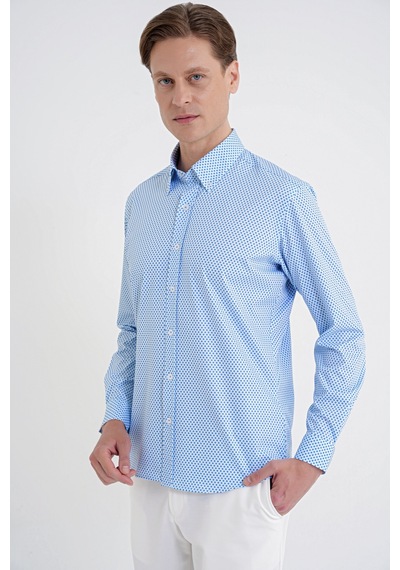 Slim Fit Yaka Düğmeli Baskılı Pamuklu Mavi Gömlek G 1605