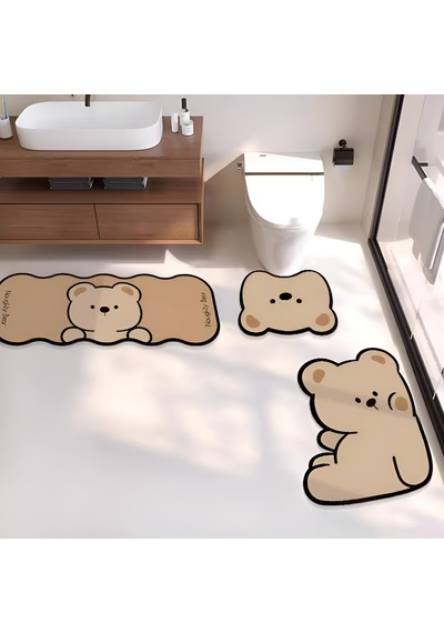 Sevimli Ayıcık Figürlü 3'lü Banyo Paspas Seti - Kaymaz Tabanlı Diatomit Peluş Banyo Halısı Açık Bej