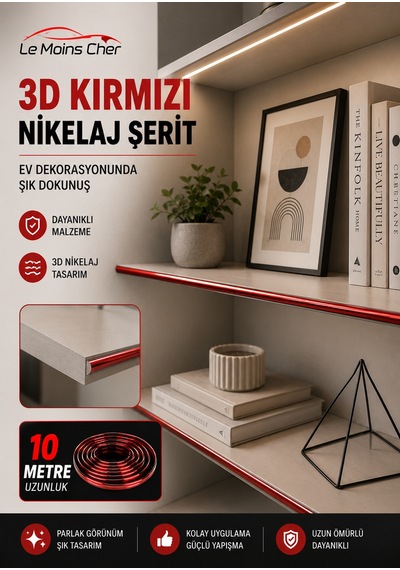 3d Kırmızı Nikelaj Şerit 10 Metre Ayna Tablo Çerçeve Dekor Şeridi