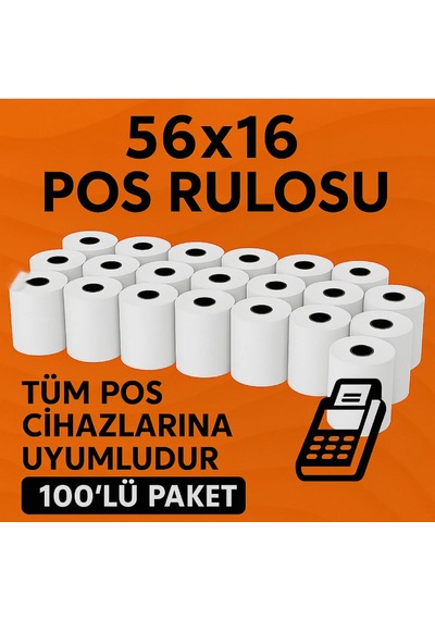 56x16 Termal Pos Kağıdı Rulosu 100'lü - Tüm Pos Cihazlara Uyumlu