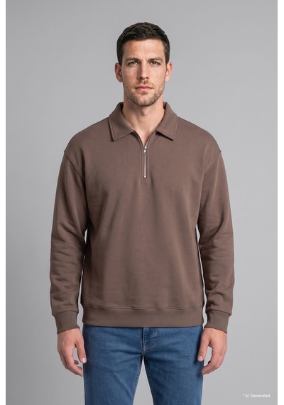 Defacto Pamuklu Regular Fıt Polo Yaka Kalın Kumaş Basic Sweatshirt H1833ax26aubn571 Kahve-bn571
