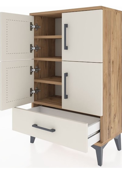 Arges Komodin 4 Raflı Tek Çekmeceli 4 Kapaklı 60x30x96 Çam-ay... Çam