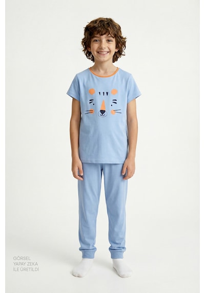 Penti  Mavi Erkek Çocuk Cute Tiger Uzun Kollu Pamuklu 2'li Pijama Takımı
