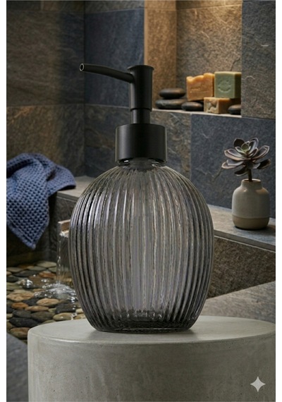 Çizgili Yuvarlak Siyah Pompalı Cam Sıvı Sabunluk - 500ml - 16x10x10 Cm Gri