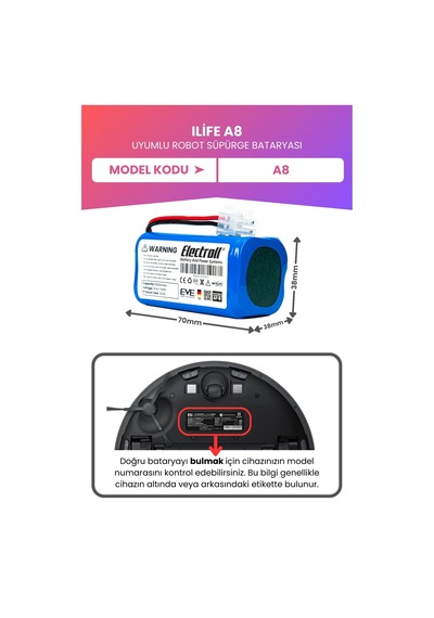 Ilife A8 Uyumlu Batarya Maksimum Kapasite 3500mah Pil Robot Süpürge Bataryası