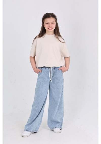 Modanino Kız Çocuk 2'li Jean Takım Pantolon+bluz 7-12 Yaş 12666 Ekru
