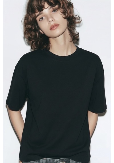 Feg Store %65 Pamuk Kadın Oversize Siyah Fit Bisiklet Yaka T-shirt