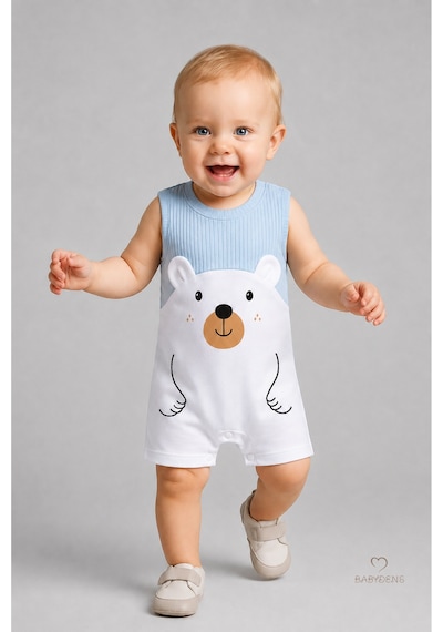 Babyden's Erkek Bebek Yazlık Ayıcık Baskılı Fitilli Tulum %100 Pamuk Kolsuz Şort Tulum Yenidoğan Bebek Romper 0-9 Ay Mavi