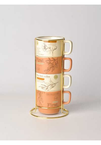 Gold Metal Standlı Dörtlü Porselen Kupa Espresso Fincanı 200 Ml Çok Renkli