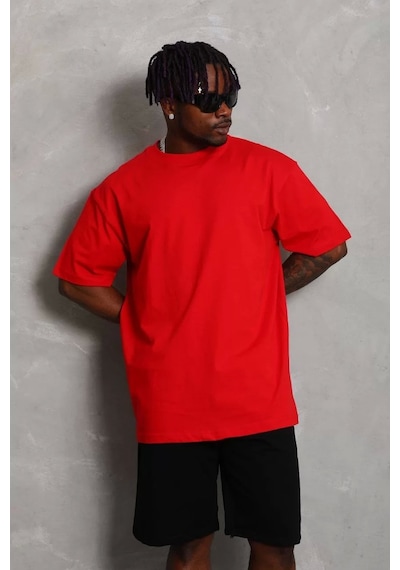 Unisex Oversize Düz Bisiklet Yaka T-shirt - Kırmızı Kırmızı