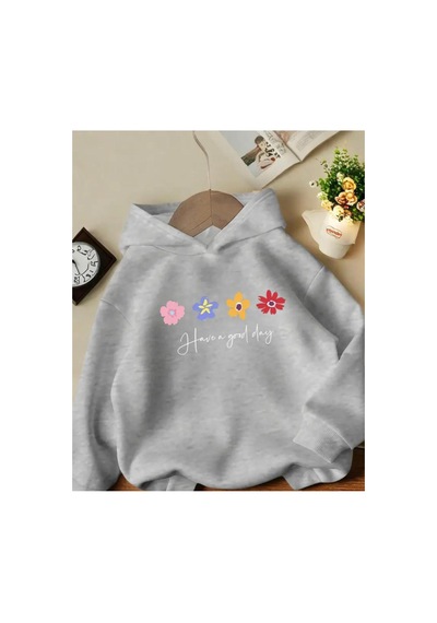 Herkesemoda Have A Good Day Baskı Detaylı İçi Polarlı Kapüşonlu Sweatshirt Gri