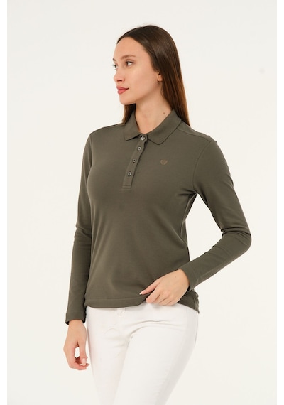 Msw Kadın Uzun Kollu Regular Fit Polo Yaka T-shirt Haki