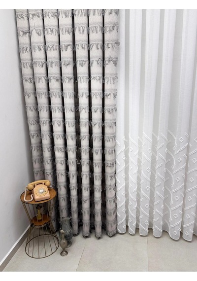 Nivemeshome Sedef 1-094p Yarı Desen Ekru 1/3 Pileli Tül Perde
