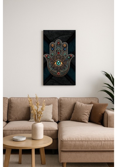 Hamsa El Ve Nazar Göz Tasarımlı Dekoratif Cam Tablo