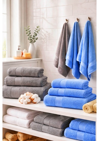8 Parça %100 Pamuklu Aile Havlu Seti - 4 Adet 70x140 Cm & 4 Adet 50x90 Cm Deeper Antrasit-Mavi