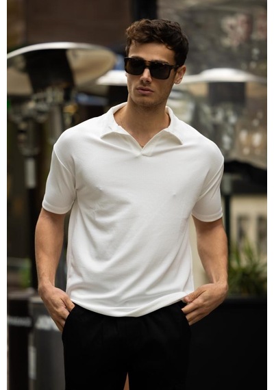 Glasses V Yaka Oversize Fitilli T-shirt - Beyaz Beyaz