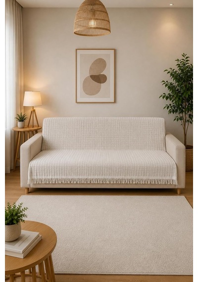 Çift Taraflı Buldan Dokuma Pamuklu Koltuk Örtüsü 170x210 Cm Çekyat Örtüsü Geometrik Desenli Koltuk Şalı - Ekru Diğer