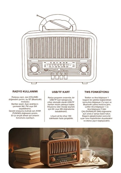 Retro Görünümlü Bluetooth Radyo Fm/am/sw Hoparlör Usb Tf Müzik Çalar Tws Destekli Nostaljik Radyo