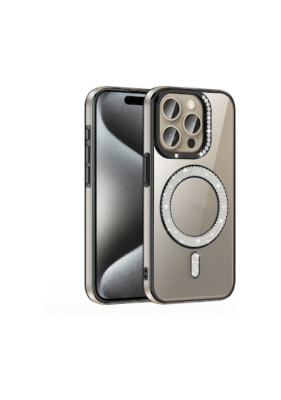 Apple Uyumlu iPhone 15 Pro Kılıf Pırlanta Taş Tasarımlı M-safe Şarj Özellikli Karetta Silikon Kılıf Siyah
