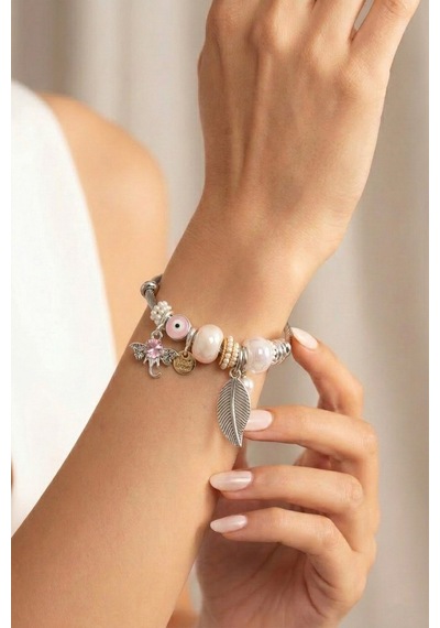 Charm Detaylı Yaprak Ve Fil Figürlü Silver Bijuteri Kelepçe Bileklik Gümüş