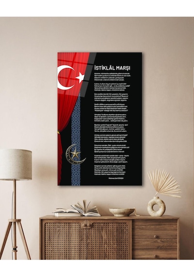 İstiklal Marşı Ve Türk Bayrağı Cam Tablo Modern Ev Ofis Salon Hediyelik Büyük Tablo Duvar Dekoru