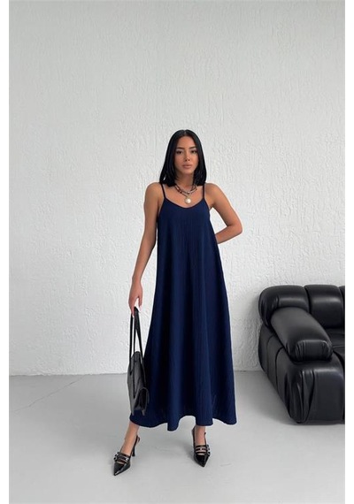 Neşeli Butik Kadın Lacivert Askılı İçi Astarlı Kaş Keten Elbise Nbg017 Lacivert