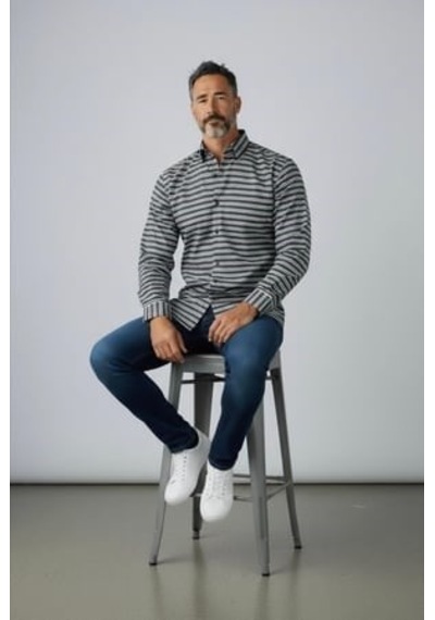 Klasik  Cotton Uzun Kollu Terletmeyen Kışlık 2 Renkli Çizgili Gömlek Slim Fit Antrasit