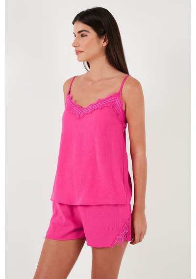 Lela Dantelli V Yaka Ip Askılı Mini Şortlu Bayan Pijama Takımı 6110300 Fuşya