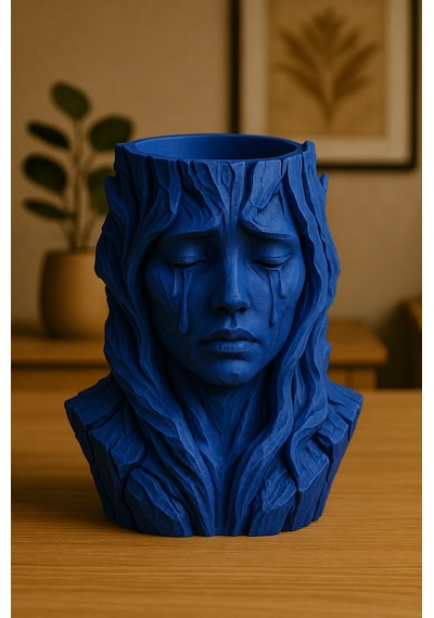 3d Baskı Ağlayan Kadın Büst Saksı - Sanatsal Dekoratif Saksı - Mavi Çok Renkli