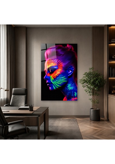 Neon Boyalı Kadın Profili Çerçevesiz Cam Tablo