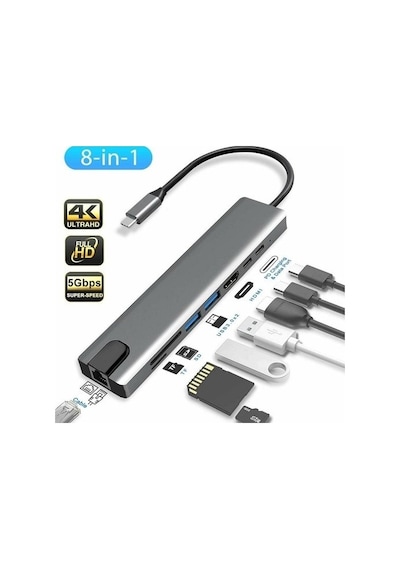 Apple Uyumlu MacBook Pro Air Usb Type-c 8 Hub Dönüştürücü Çevirici