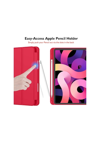 Apple Uyumlu iPad Air 11 İnç Kılıf M3 2025 / M2 2024 , Apple Uyumlu iPad Air 5. / 4. Nesil Kılıf 2022/2020 10,9 İnç Kalem Tutuculu, Yumuşak Tpu Arka Kısımlı Üç Katlı Akıllı Kılıf Kırmızı