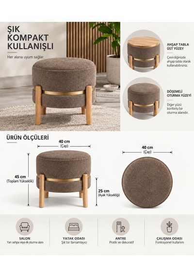 Çok Amaçlı Kompakt Çift Yönlü Ergonomik Puf Ve Sehpa İkisi Bir Arada Gürgen Ayaklı Sehpa Puf Vizon