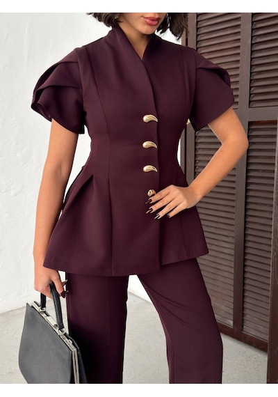 Duygudan Gold Düğme Detaylı Peplum Kesim Şık Kadın Takım - Mürdüm Çok Renkli