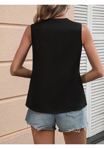 Veraura Lifestyle Kadın Kolsuz V Yakalı Blok Renkli Ithal Krep Bluz Yeşil