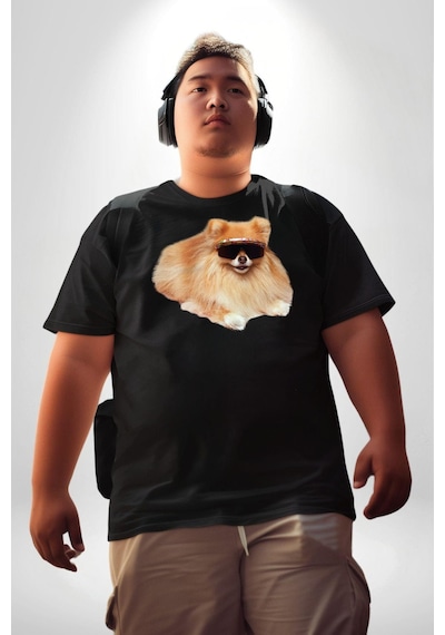Angemiel Pomernian Köpek Siyah Büyük Beden Erkek Kadın Unisex Basic Ön Baskılı Tişört Siyah