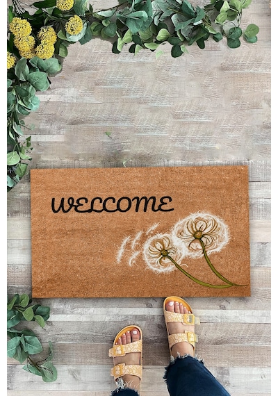Valerine Life Karahindiba Dilek Otu Temalı Kahverengi Welcome Hoş Geldiniz Kapı Önü Paspası 45x70cm Kahverengi