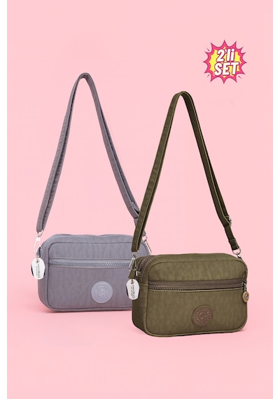 Westbag Kadın Çapraz Askılı Üç Gözlü Fermuarlı Krinkıl Günlük Omuz Çantası 2'li Set Haki - Gri