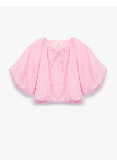 Koton Yuvarlak Bağcıklı Yaka Balon Kollu Crop Bluz Pembe 6sak60291ew Gül