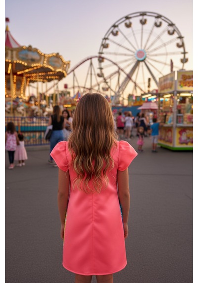 Dide Kids Kız Çocuk Neon Renkli Payetli Pembe Abiye Elbise Neon Pembe
