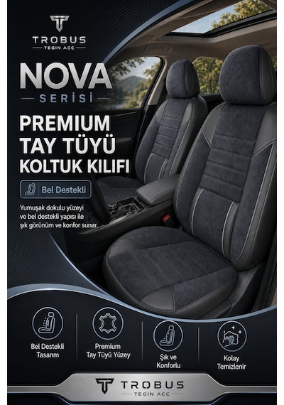 Nova Serisi Tay Tüyü Bel Destekli Füme Siyah Premium Üniversal Koltuk Kılıfı Tam Set