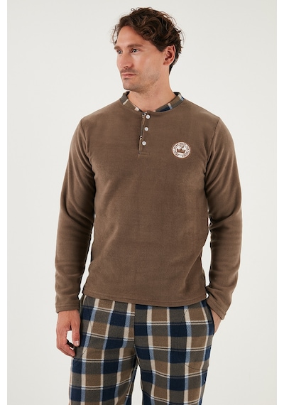 Buratti Ekoseli Regular Fit Düğmeli Bisiklet Yaka Kışlık Polar Erkek Pijama Takımı 60961008 Camel