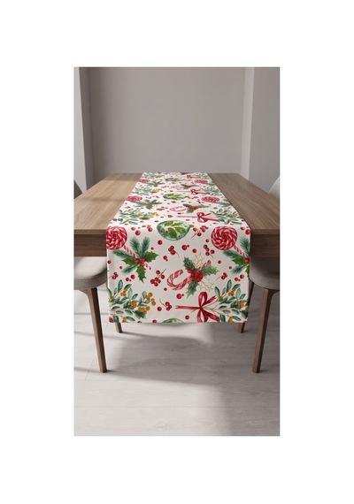Duck Kumaş Runner 40x150 Cm Yılbaşı Şeker Bastonu, Çam Dalı Ve Kırmızı Kurdele Desenli, Su İtici Leke Tutmaz Masa Şeridi Kırmızı - 935840398 Kırmızı