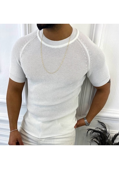 Örme Triko Tişört Kısa Kollu Triko Slim Fit Dar Kesim T-shirt Beyaz